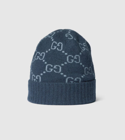 Bonnet et Écharpe en jacquard de cachemire GG bleu marine et bleu clair